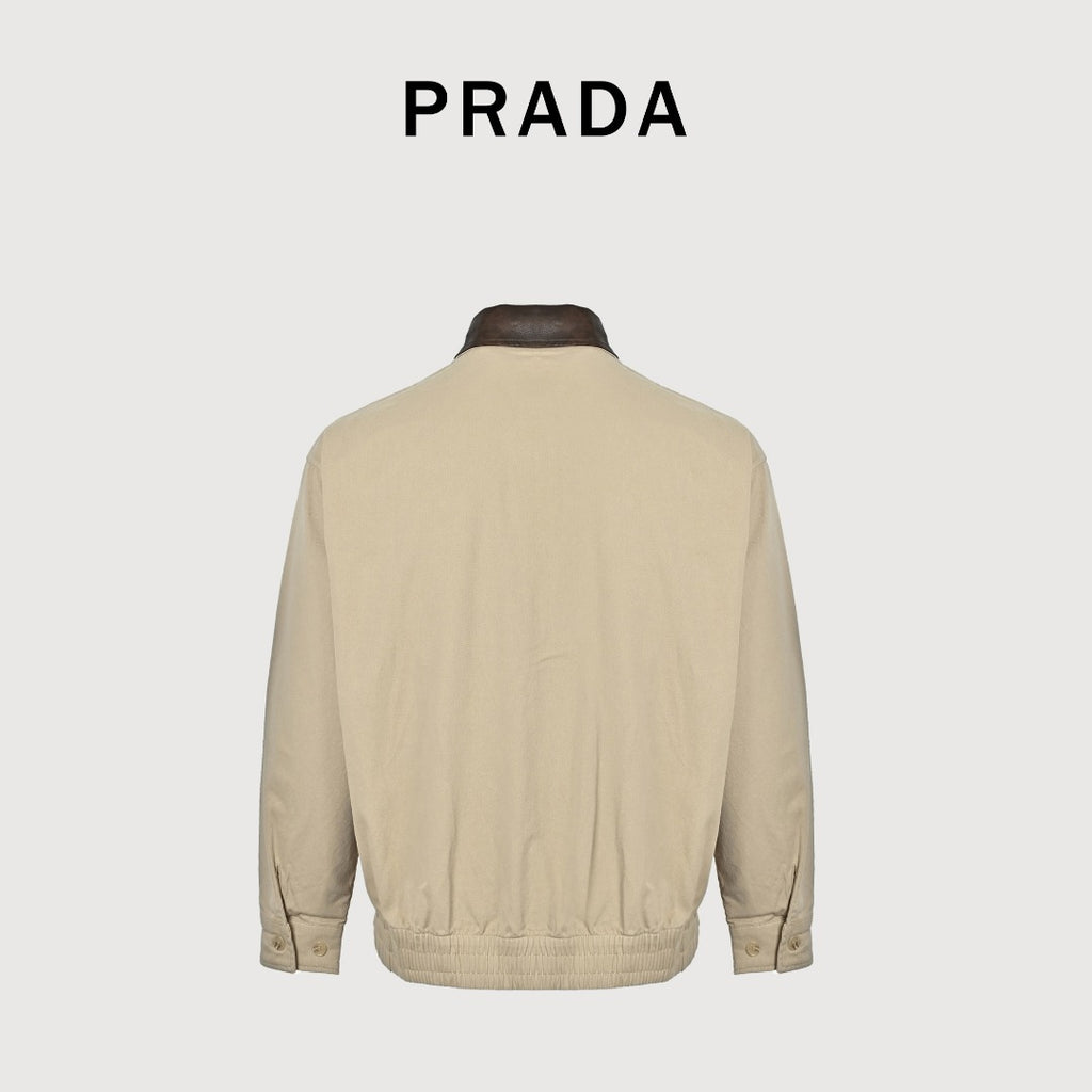 Prada Beige Small Embroidered Detail Leather-Collar Zip-Up Jacket