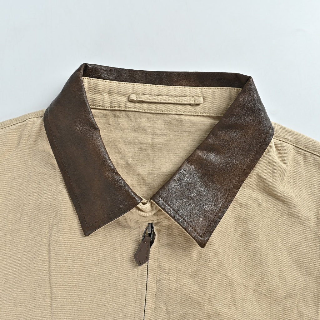 Prada Beige Small Embroidered Detail Leather-Collar Zip-Up Jacket