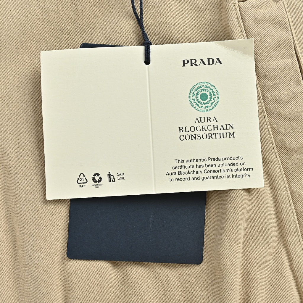 Prada Beige Small Embroidered Detail Leather-Collar Zip-Up Jacket