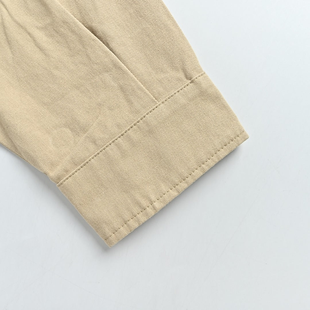 Prada Beige Small Embroidered Detail Leather-Collar Zip-Up Jacket