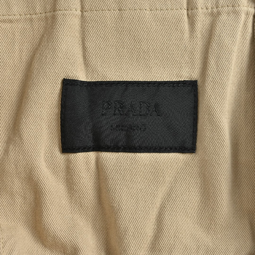 Prada Beige Small Embroidered Detail Leather-Collar Zip-Up Jacket