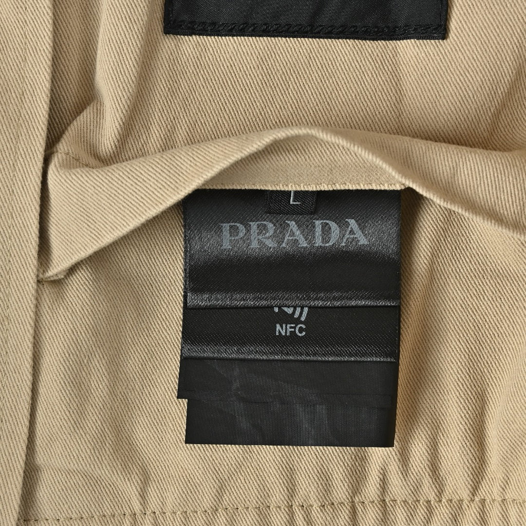 Prada Beige Small Embroidered Detail Leather-Collar Zip-Up Jacket