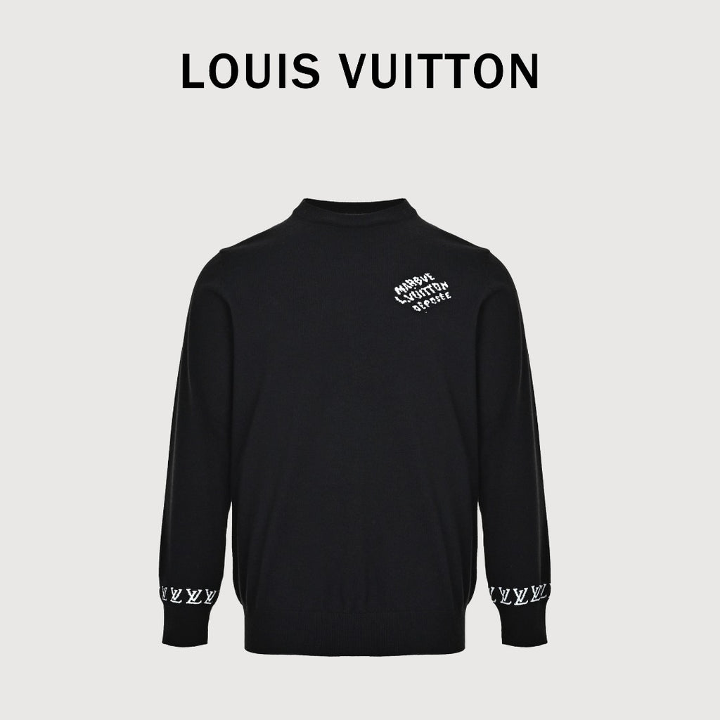 Louis Vuitton Black Cuff Logo Lettering Jacquard Crewneck Sweater