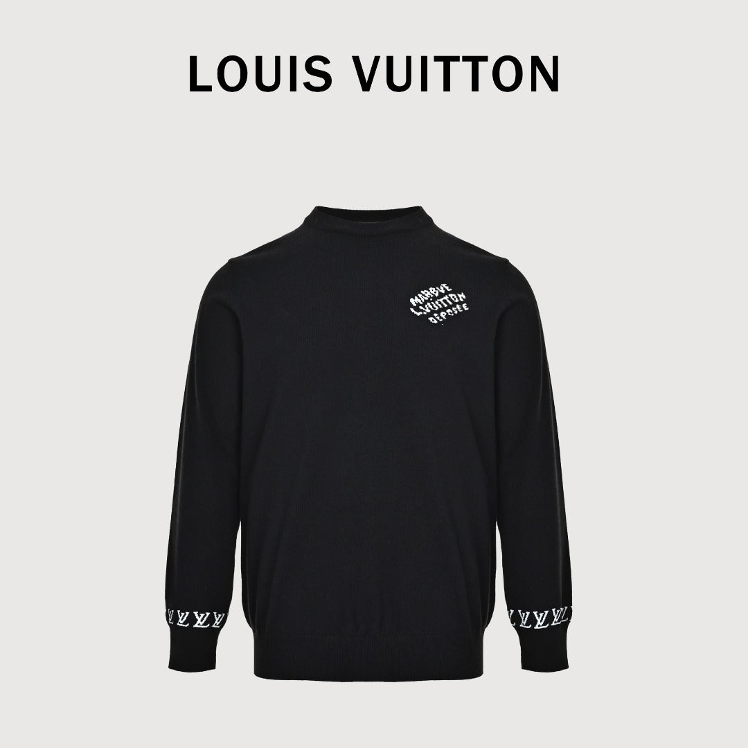 Louis Vuitton Black Cuff Logo Lettering Jacquard Crewneck Sweater
