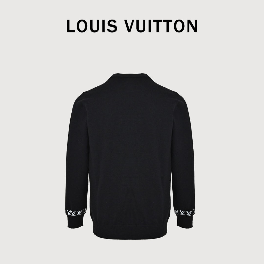 Louis Vuitton Black Cuff Logo Lettering Jacquard Crewneck Sweater