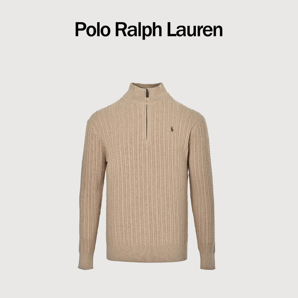 Ralph Lauren Beige Pony Logo Fine Cable-Knit Half-Zip Sweater
