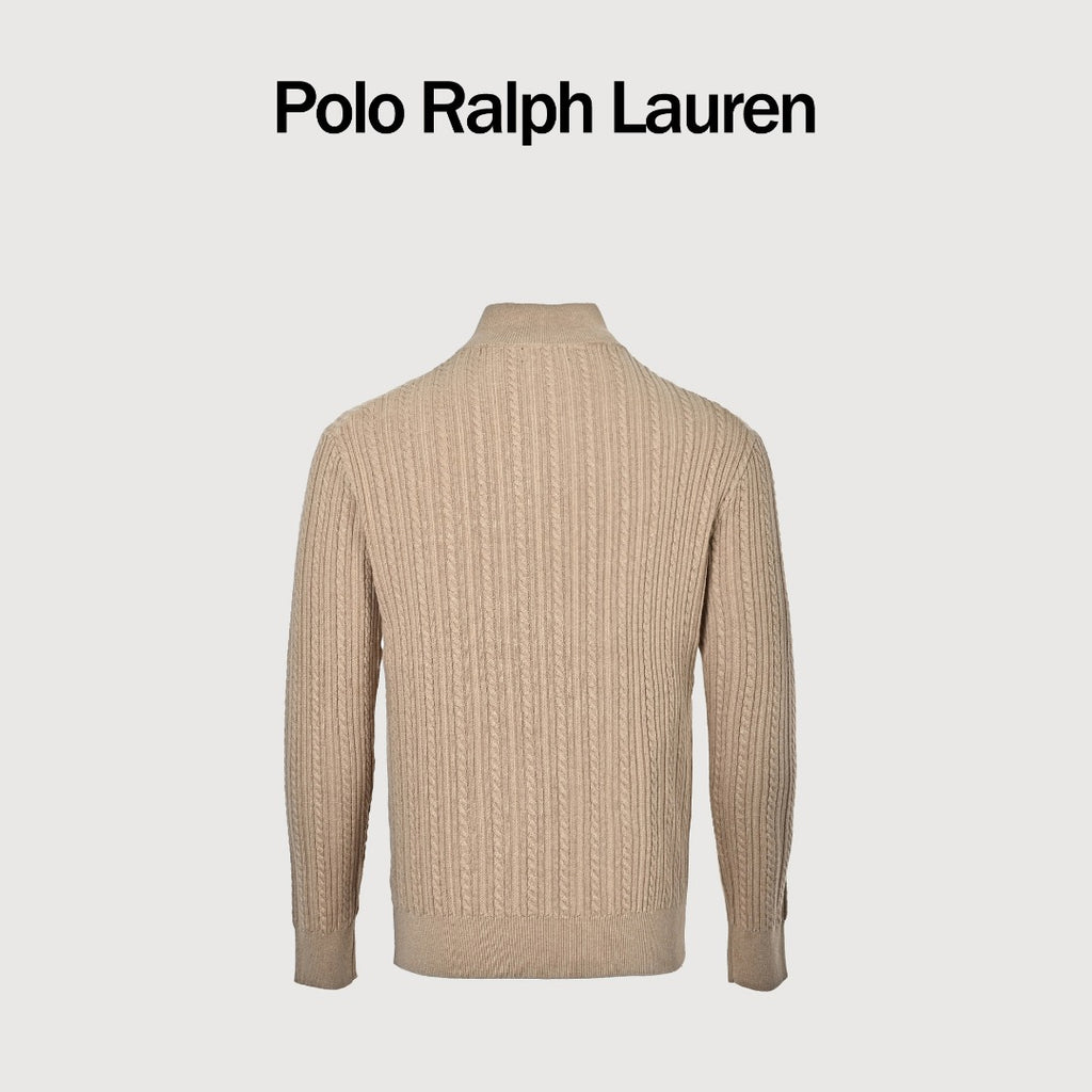 Ralph Lauren Beige Pony Logo Fine Cable-Knit Half-Zip Sweater