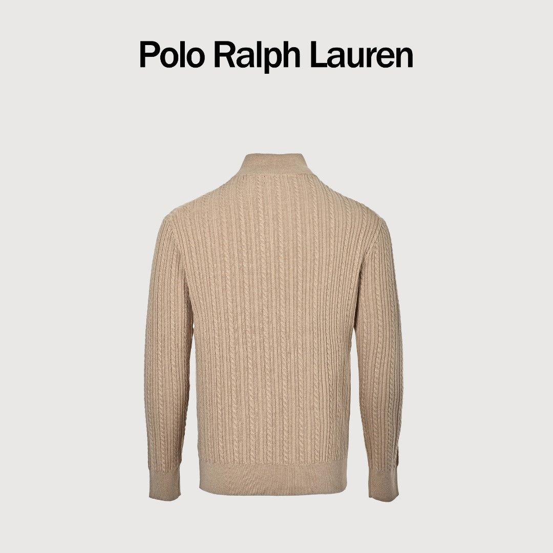 Ralph Lauren Beige Pony Logo Fine Cable-Knit Half-Zip Sweater