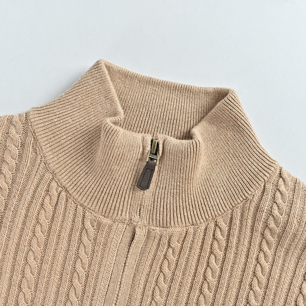 Ralph Lauren Beige Pony Logo Fine Cable-Knit Half-Zip Sweater