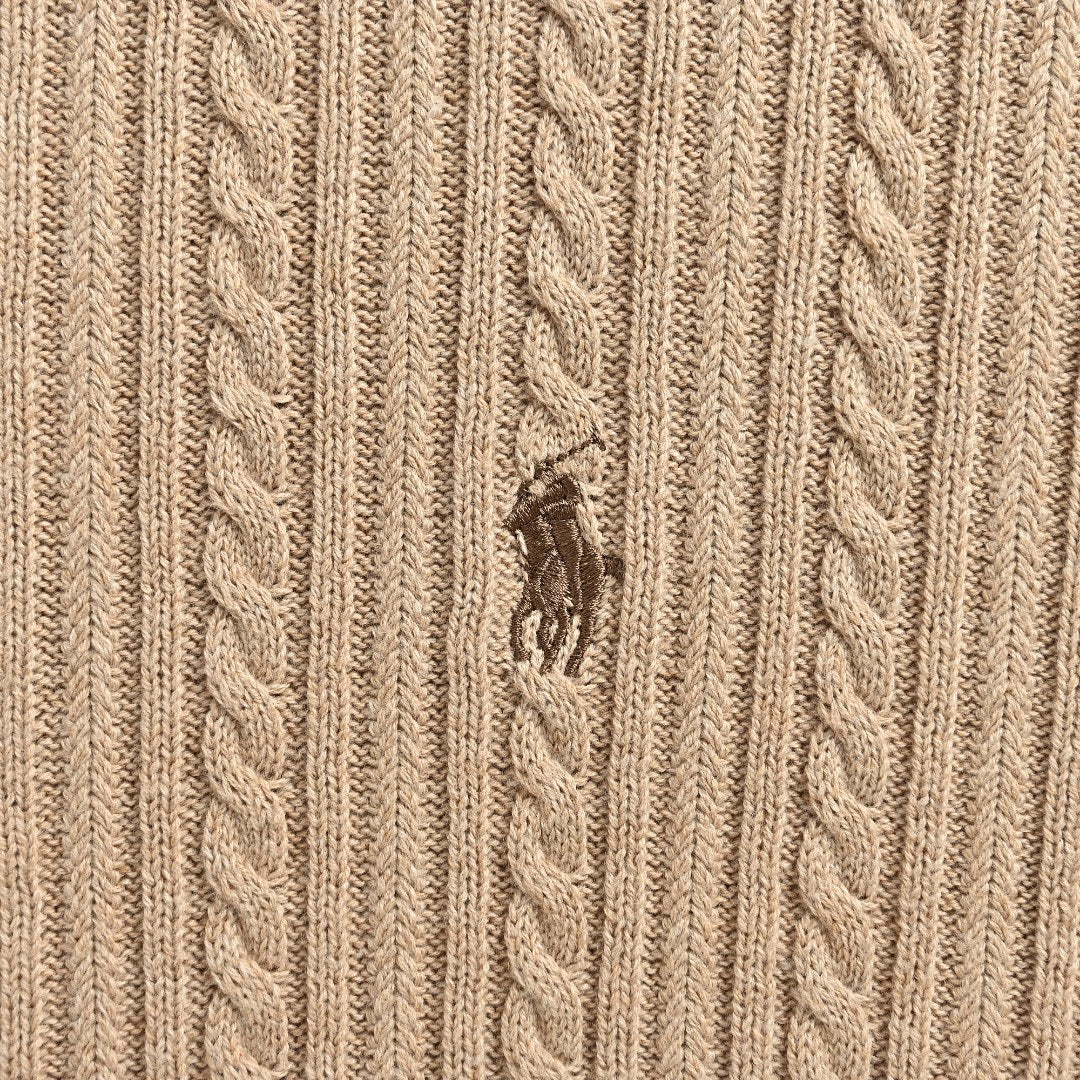 Ralph Lauren Beige Pony Logo Fine Cable-Knit Half-Zip Sweater