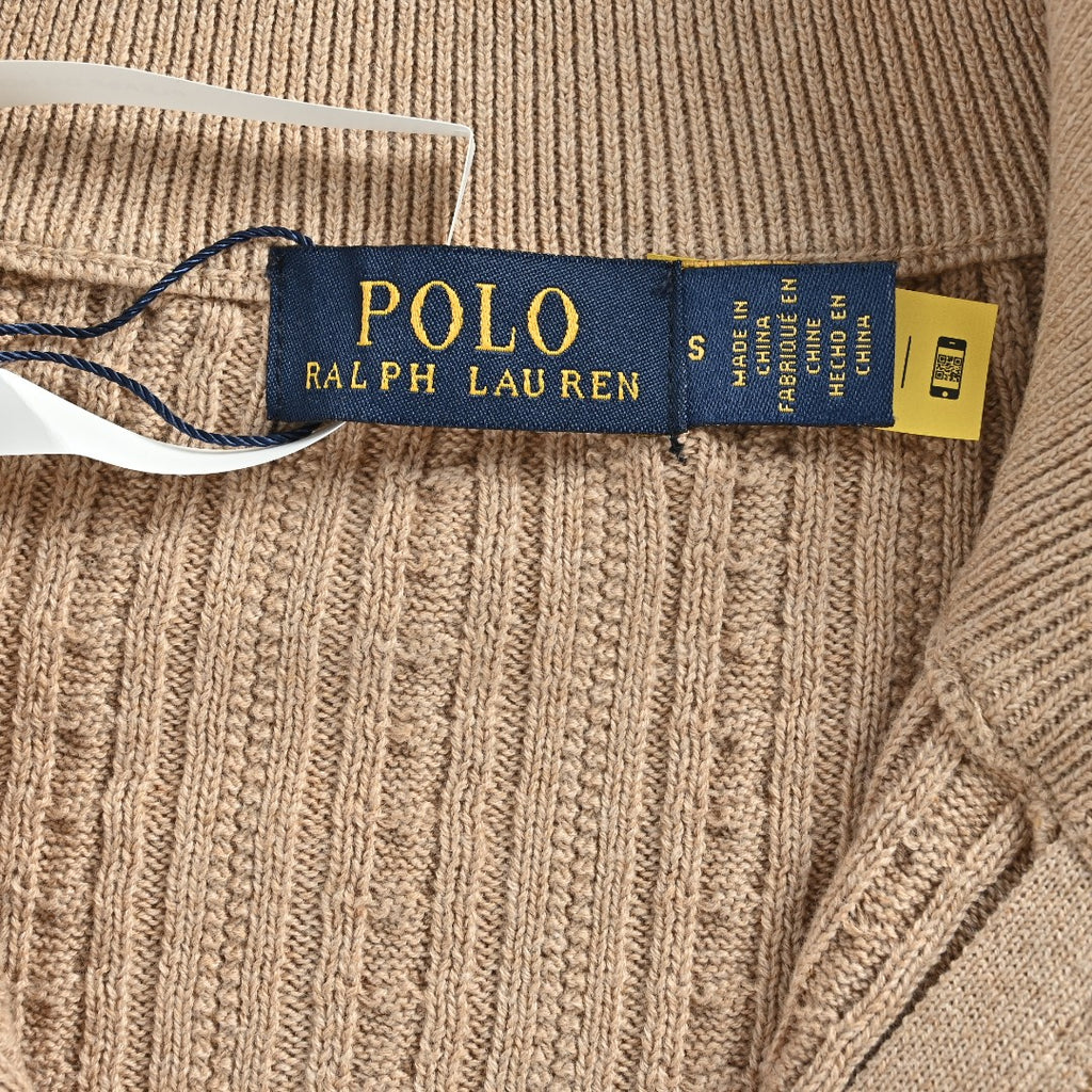 Ralph Lauren Beige Pony Logo Fine Cable-Knit Half-Zip Sweater