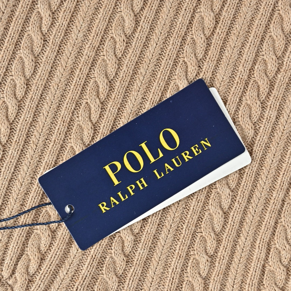 Ralph Lauren Beige Pony Logo Fine Cable-Knit Half-Zip Sweater