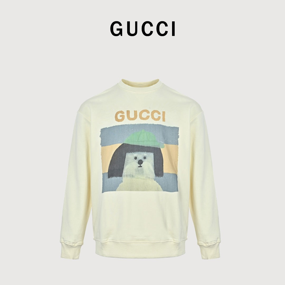 Gucci Cream Color-Block Cartoon Dog Crewneck Sweatshirt