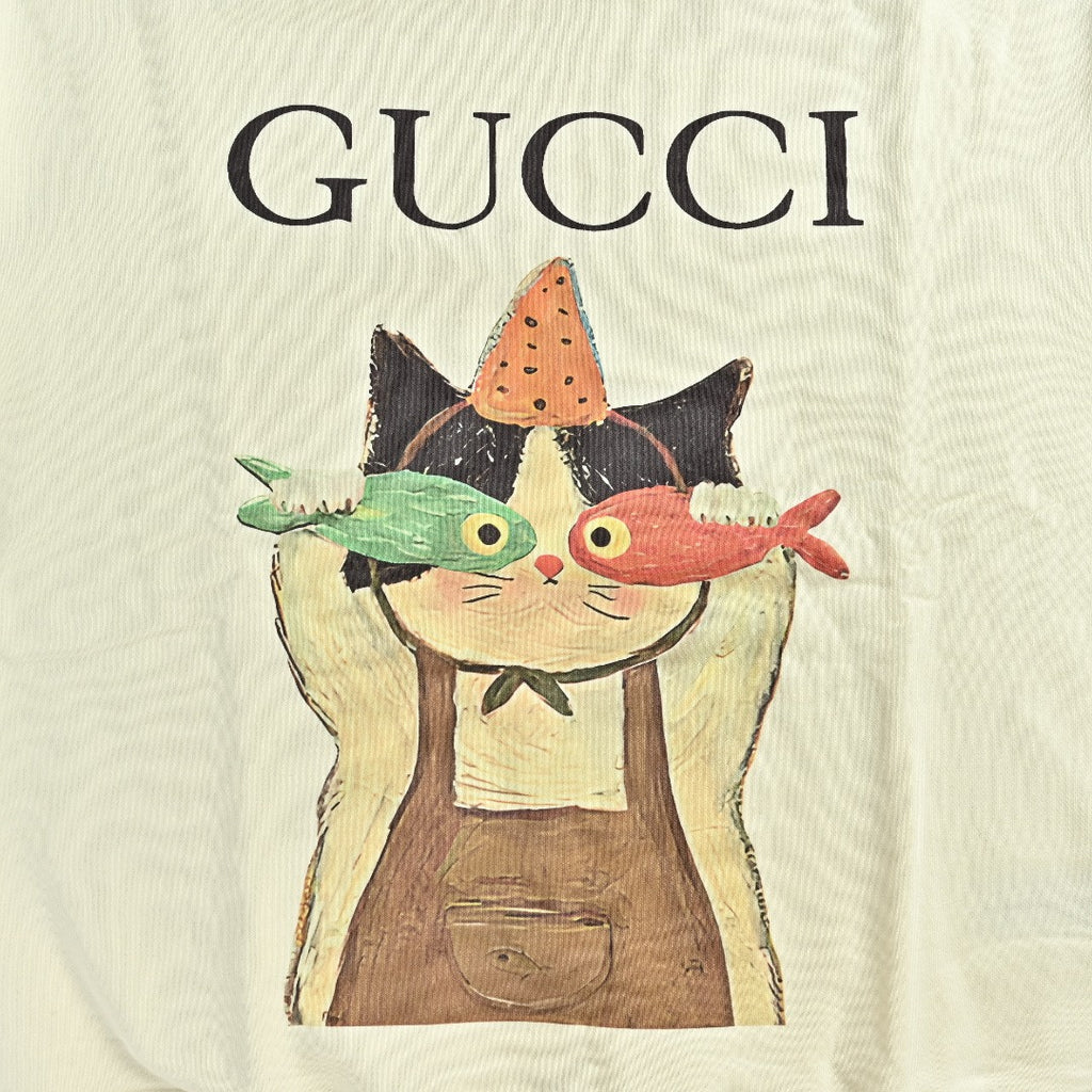 Gucci Cream Cartoon Cat and Fish Graphic Crewneck Sweatshirt