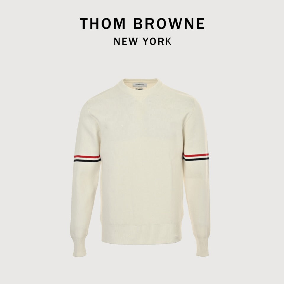 Thom Browne Cream Dual-Sleeve Stripe Crewneck Sweater
