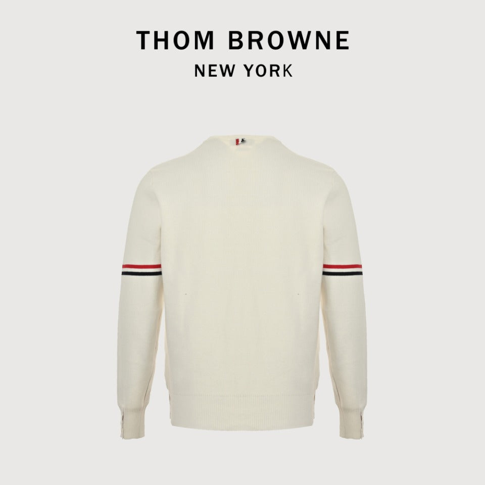 Thom Browne Cream Dual-Sleeve Stripe Crewneck Sweater