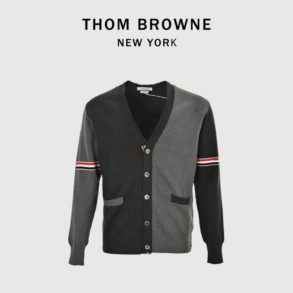 Thom Browne Black and Gray Dual-Sleeve Stripe V-Neck Cardigan