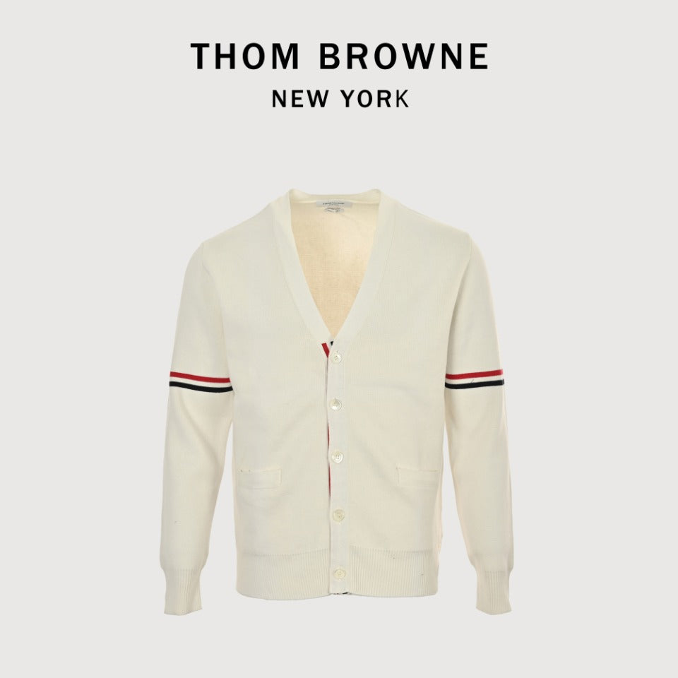 Thom Browne Cream Dual-Sleeve Stripe V-Neck Cardigan