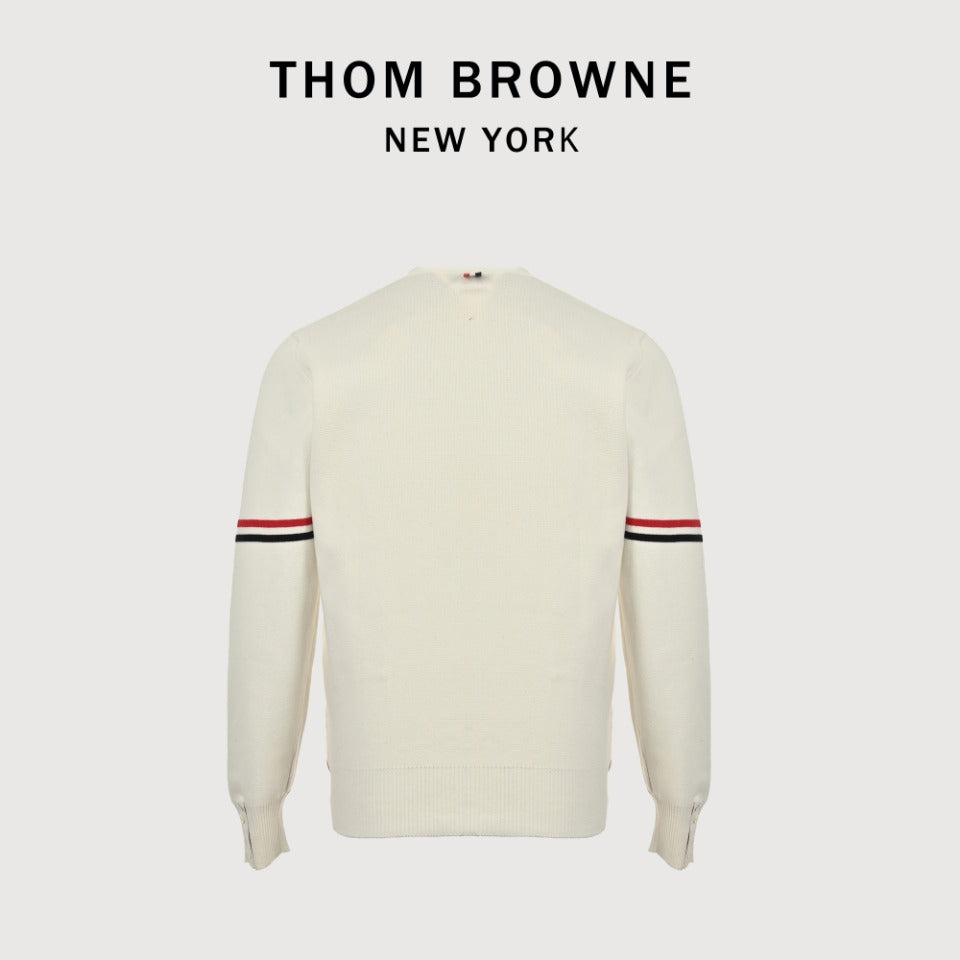 Thom Browne Cream Dual-Sleeve Stripe V-Neck Cardigan