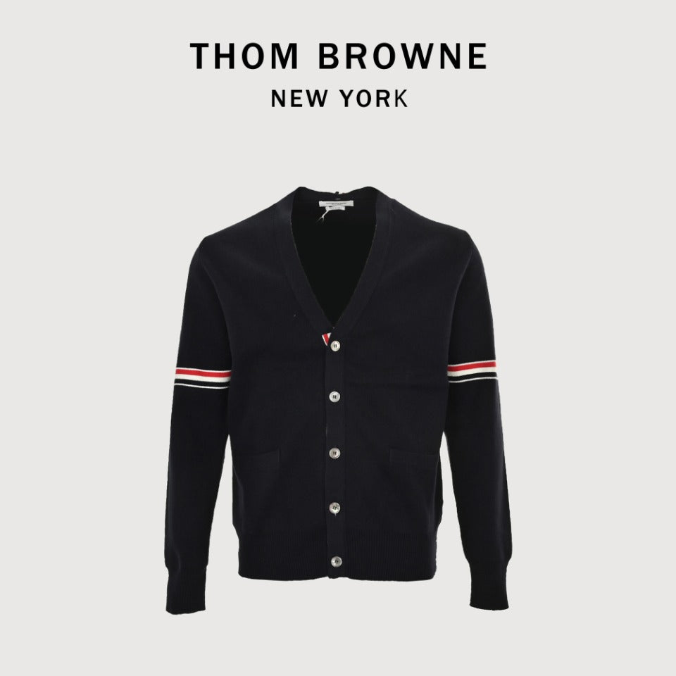 Thom Browne Black Dual-Sleeve Stripe V-Neck Cardigan