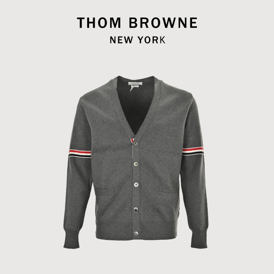 Thom Browne Dark Gray Dual-Sleeve Stripe V-Neck Cardigan