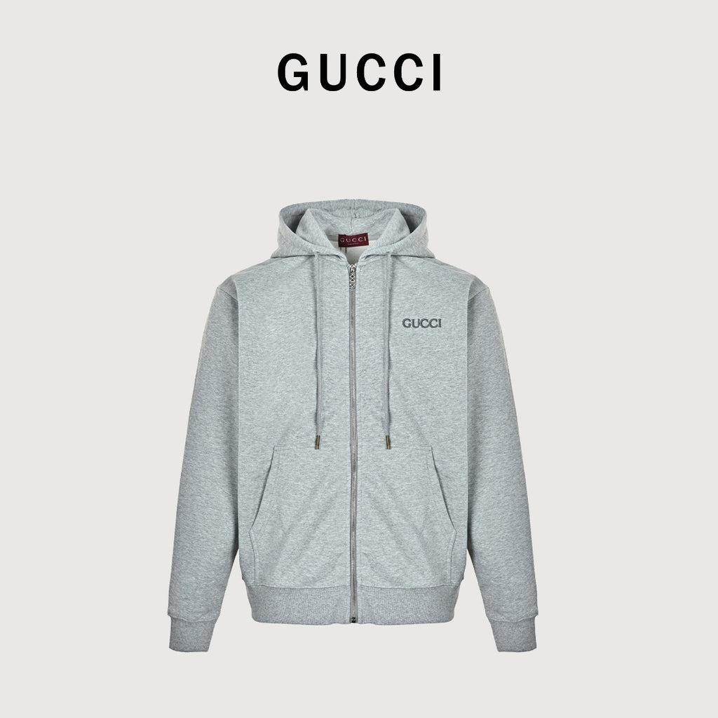 Gucci Light Gray Embroidered Logo Zip-Up Hoodie