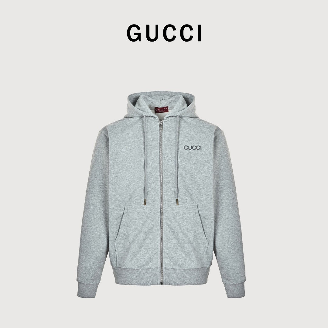 Gucci Light Gray Embroidered Logo Zip-Up Hoodie