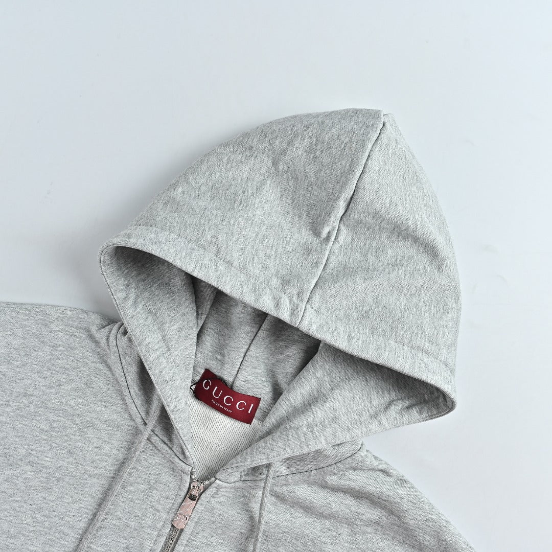Gucci Light Gray Embroidered Logo Zip-Up Hoodie