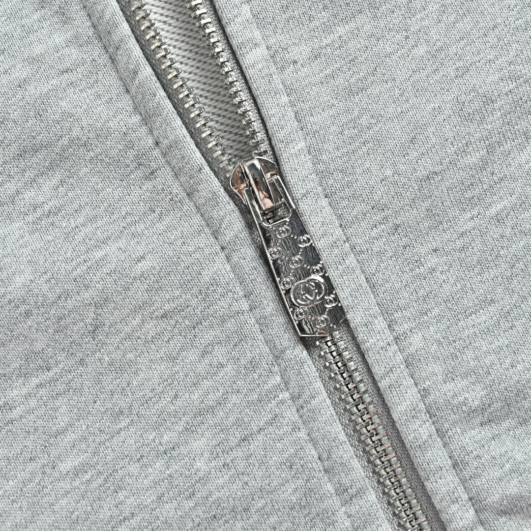 Gucci Light Gray Embroidered Logo Zip-Up Hoodie