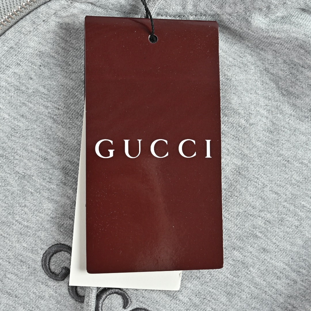 Gucci Light Gray Embroidered Logo Zip-Up Hoodie