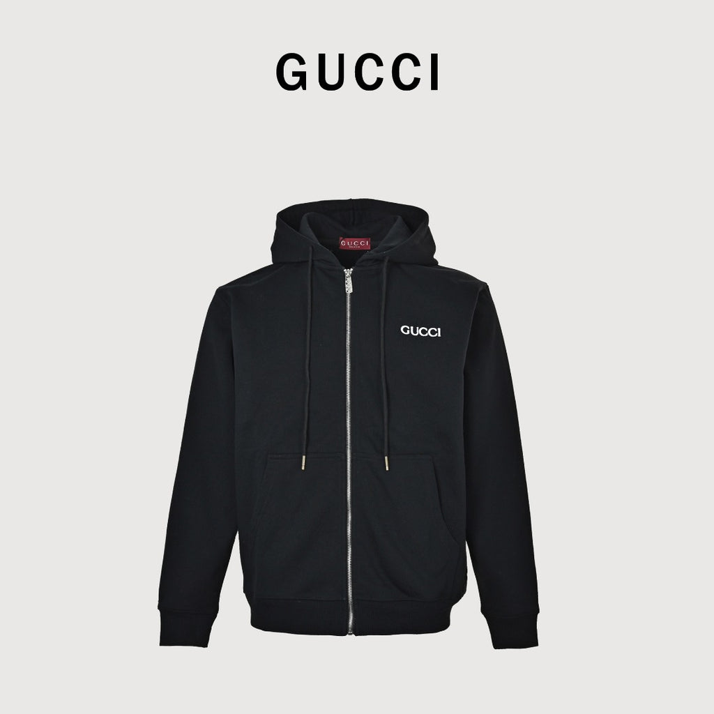 Gucci Black Embroidered Logo Zip-Up Hoodie