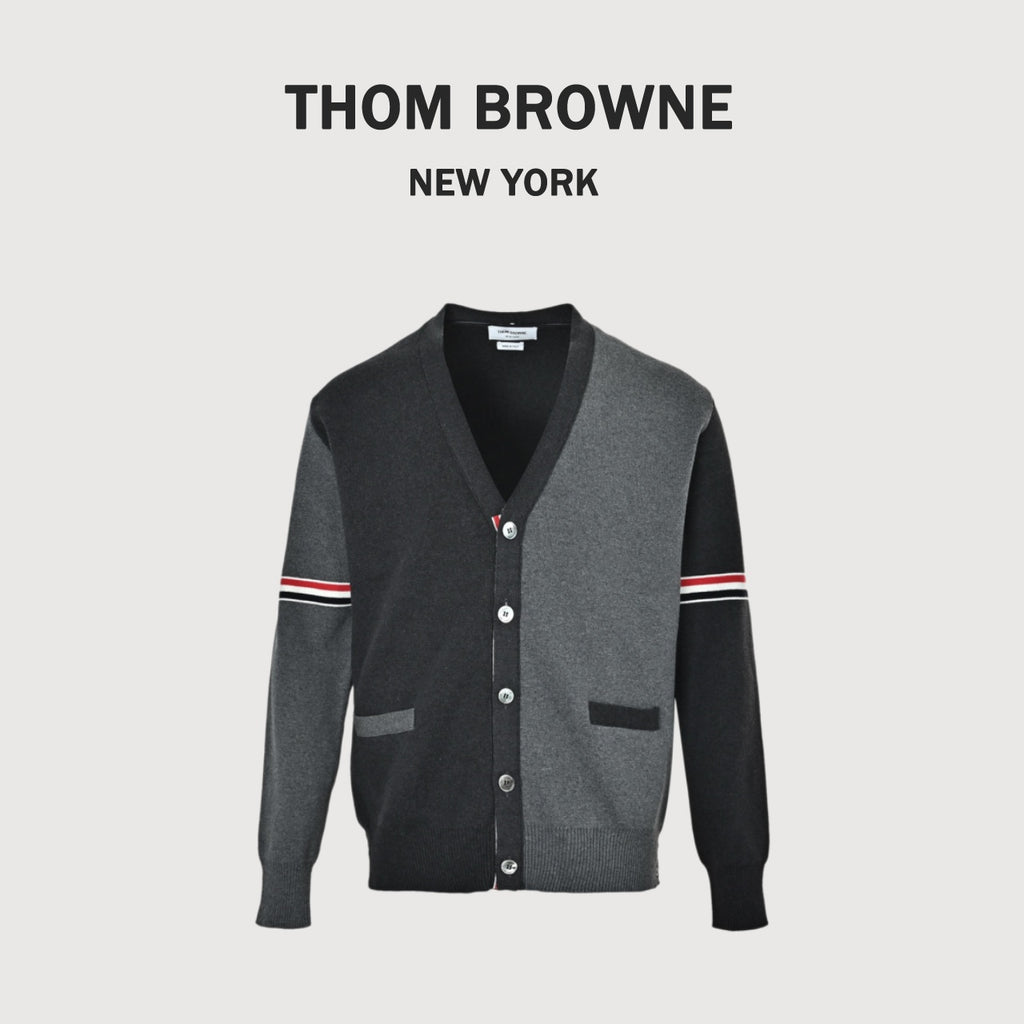 Thom Browne Two-Tone V-Neck Cardigan with Striped Sleeve Trim