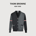 Thom Browne Two-Tone V-Neck Cardigan with Striped Sleeve Trim