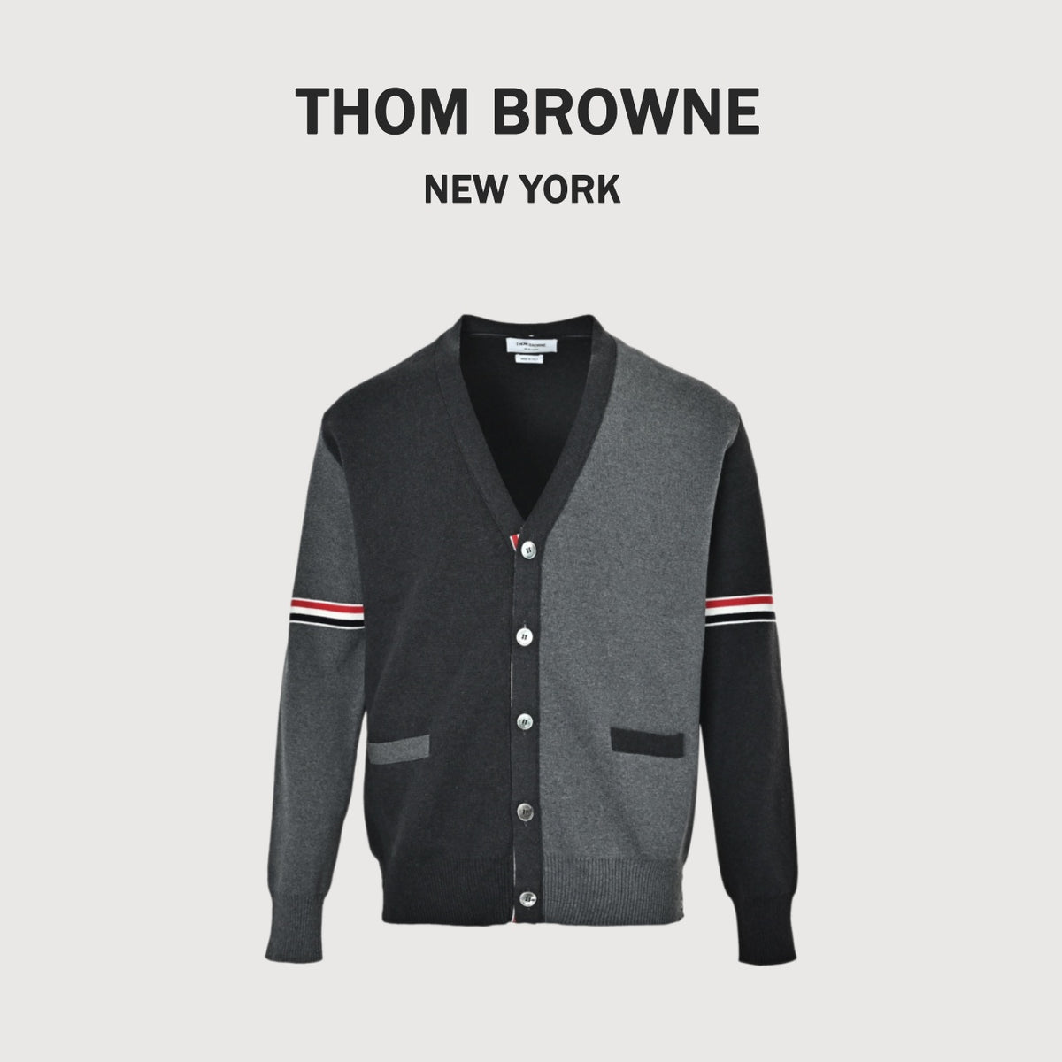 Thom Browne Two-Tone V-Neck Cardigan with Striped Sleeve Trim