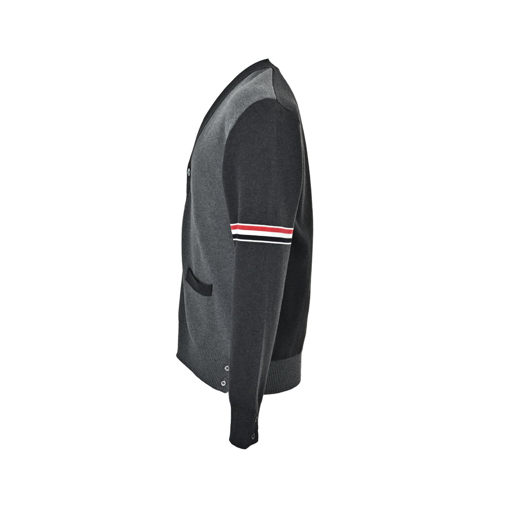 Thom Browne Two-Tone V-Neck Cardigan with Striped Sleeve Trim