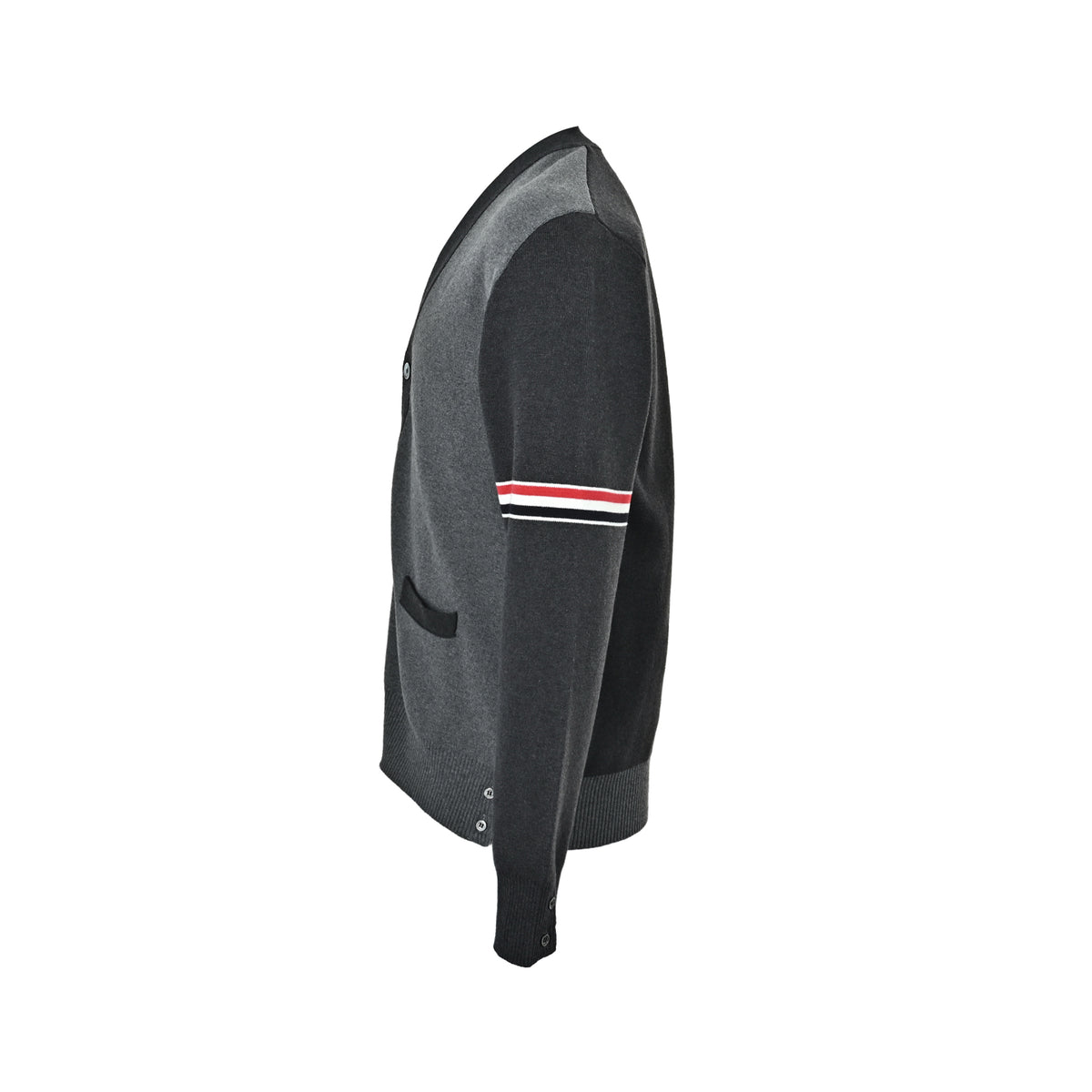 Thom Browne Two-Tone V-Neck Cardigan with Striped Sleeve Trim