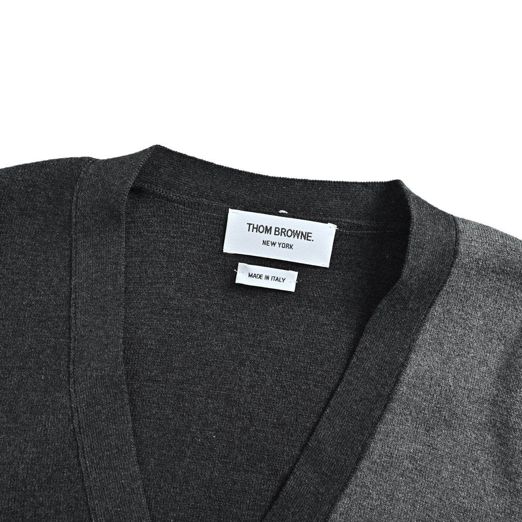 Thom Browne Two-Tone V-Neck Cardigan with Striped Sleeve Trim