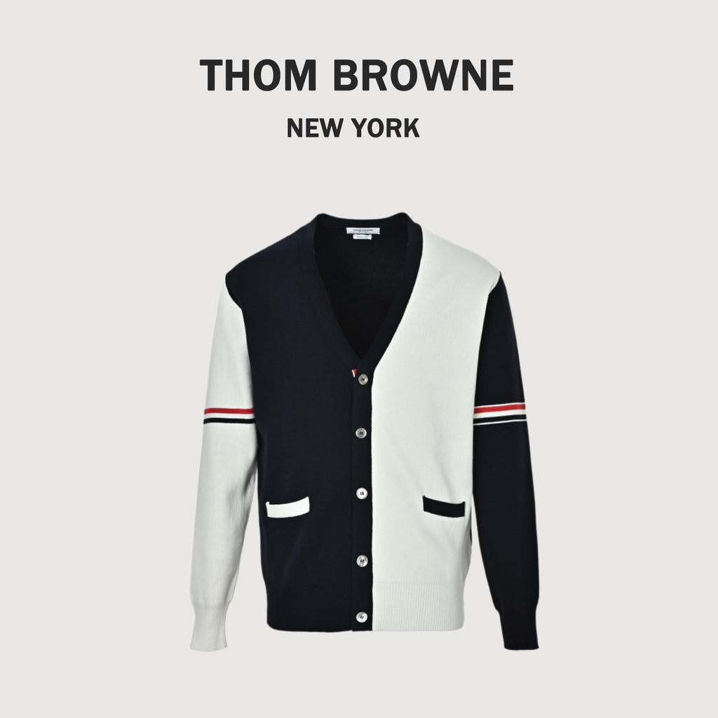 Thom Browne Dark & White Color-Block V-Neck Cardigan