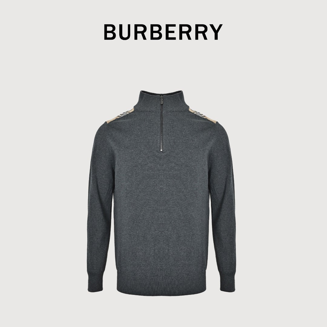 Burberry Check-Shoulder Half-Zip Cashmere Sweater in Gray