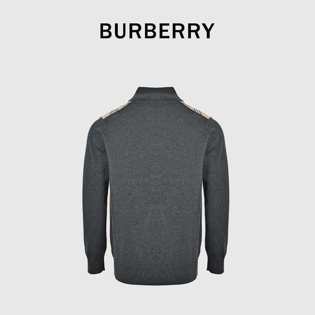 Burberry Check-Shoulder Half-Zip Cashmere Sweater in Gray