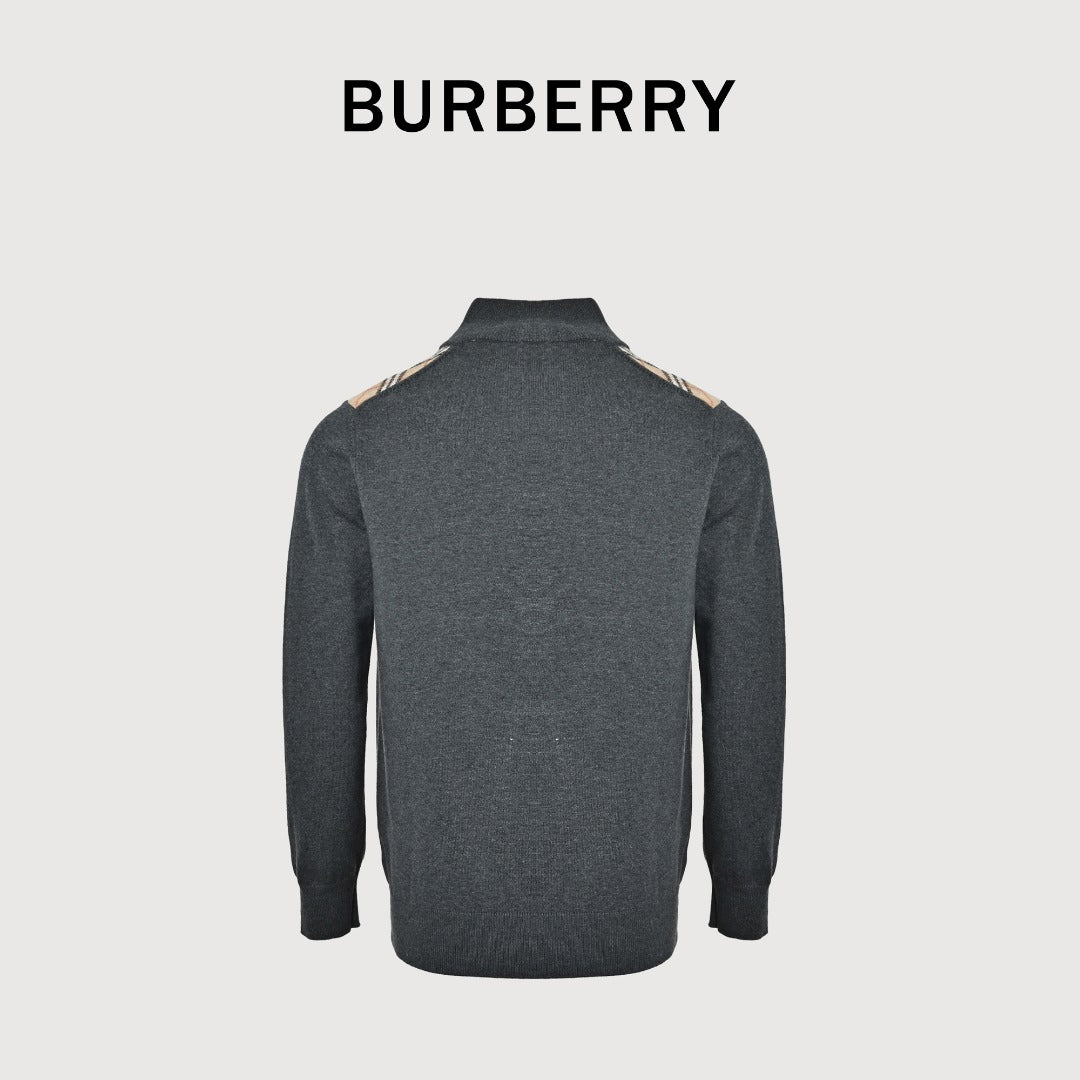 Burberry Check-Shoulder Half-Zip Cashmere Sweater in Gray