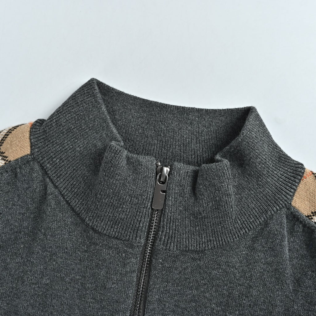 Burberry Check-Shoulder Half-Zip Cashmere Sweater in Gray