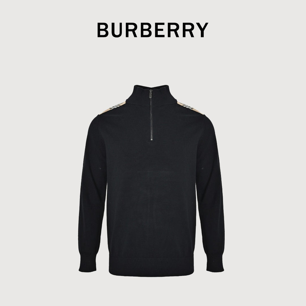 Burberry Check-Shoulder Half-Zip Cashmere Sweater in Black