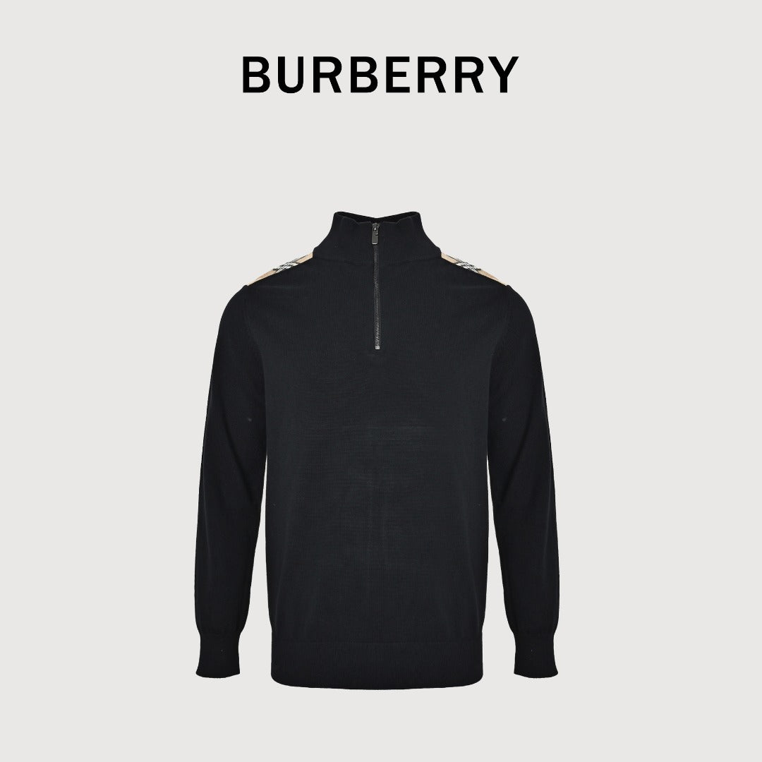 Burberry Check-Shoulder Half-Zip Cashmere Sweater in Black