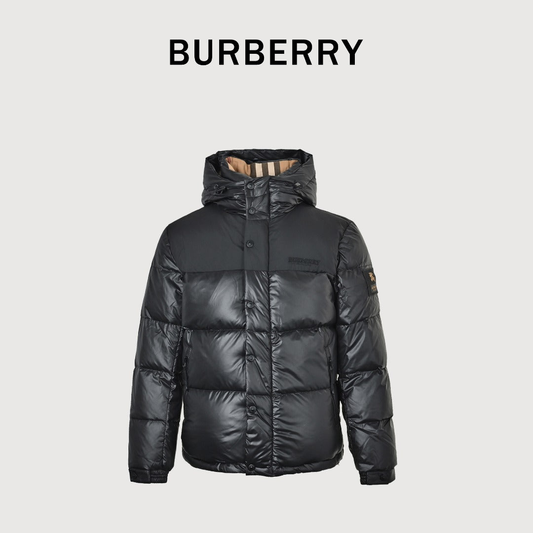Burberry Sleeve-Logo Hooded Down Puffer Jacket in Black