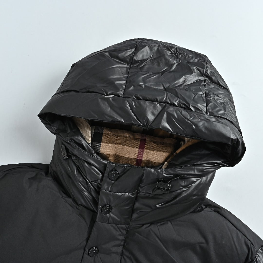 Burberry Sleeve-Logo Hooded Down Puffer Jacket in Black