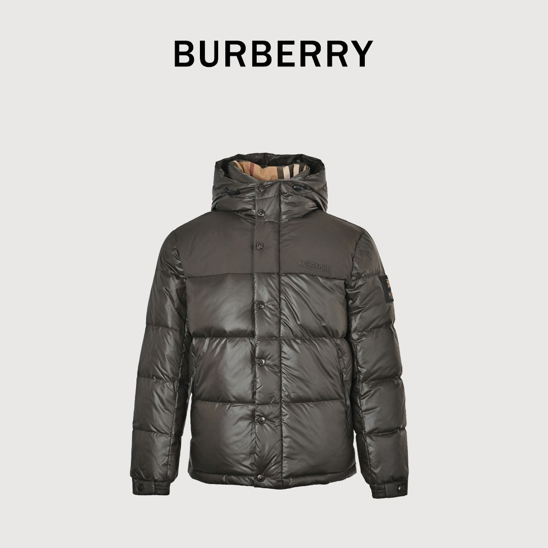Burberry Sleeve-Logo Hooded Down Puffer Jacket in Dark Olive