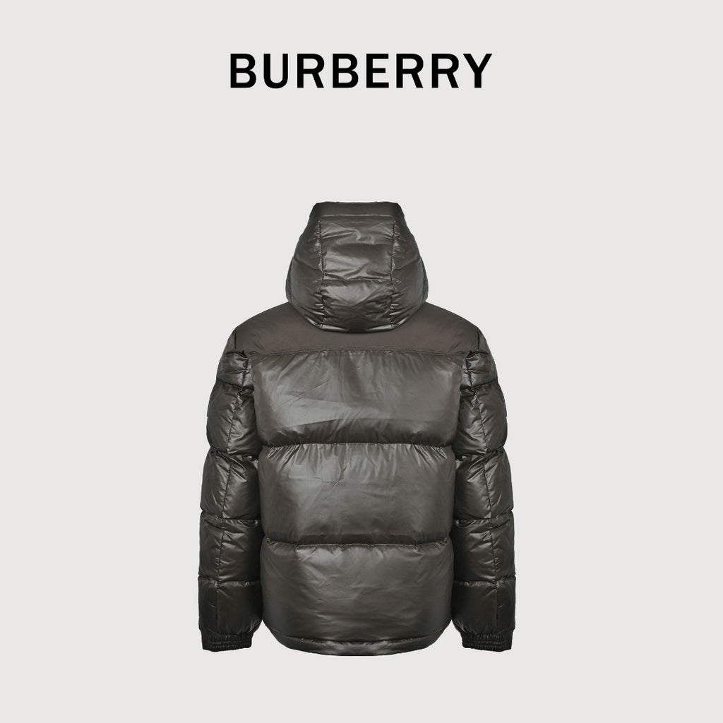 Burberry Sleeve-Logo Hooded Down Puffer Jacket in Dark Olive