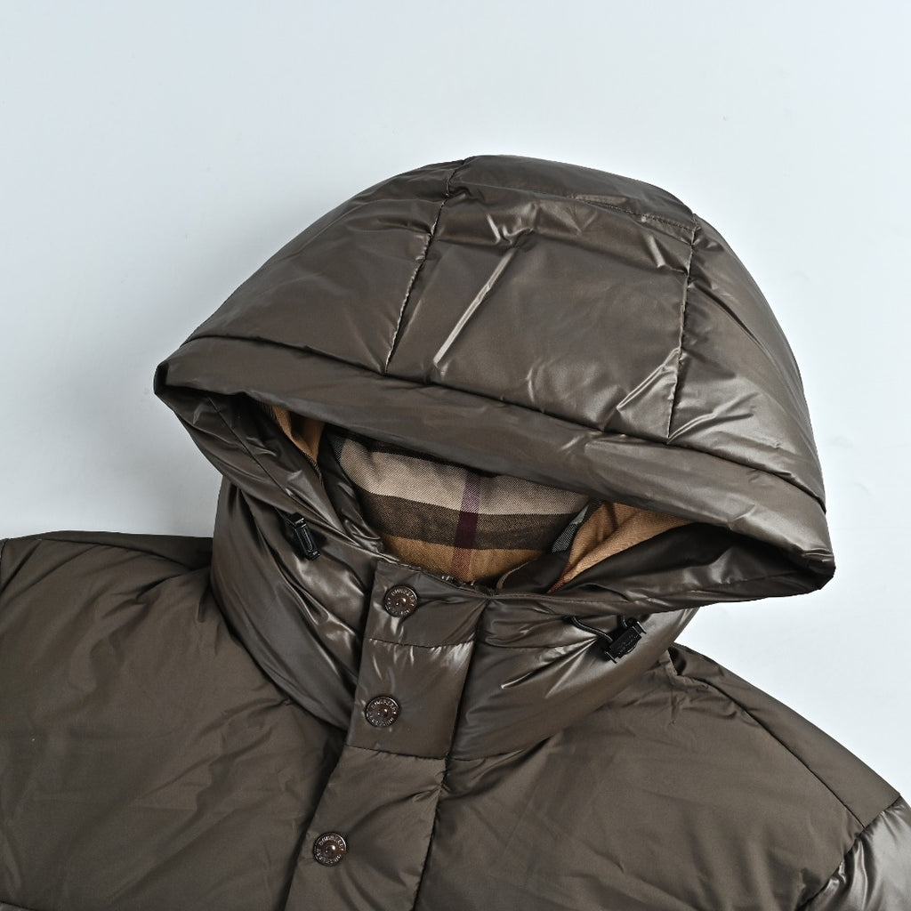 Burberry Sleeve-Logo Hooded Down Puffer Jacket in Dark Olive
