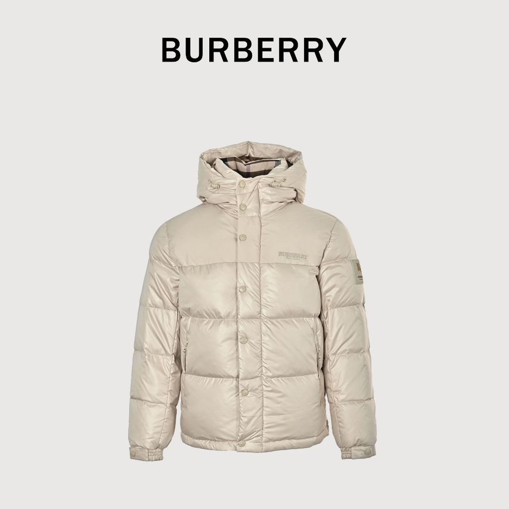 Burberry Equestrian Knight Sleeve-Patch Hooded Down Jacket in Light Beige